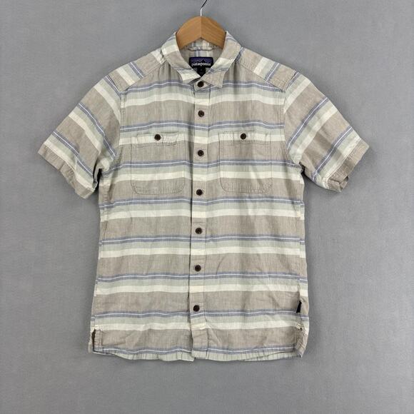 Patagonia Other - Patagonia Back Step Shirt Small Beige Stripe Short Sleeve Button Up Hemp Cotton